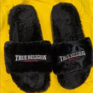 True Religion Black Plush Slippers